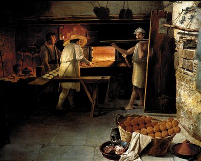 Näkymä leipomon sisältä Leipurit leipovat leipää uunissa. Anonyymi maalaus 1700-luvulta. Rooma, Museo del Folklore tekijältä Unknown artist