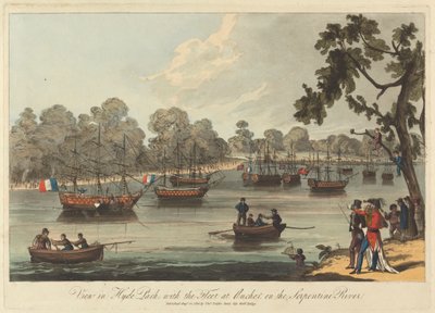 Näkymä Hyde Parkissa, laivaston kanssa ankkurissa Serpentine-joella, 12. elokuuta 1814 tekijältä Unknown artist