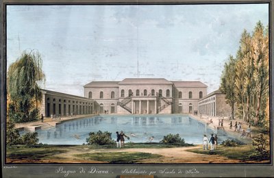 Näkymä Diana-kylpylään, ensimmäiseen italialaiseen uima-altaaseen, Milanossa (maalaus tekijältä Unknown artist