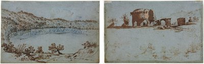 Näkymä Nemi-järvelle (recto) Pieni ryhmä roomalaisia raunioita (verso) tekijältä Unknown artist