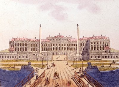 Näkymä Schonbrunnin linnalle, Itävallan keisarillisen perheen entiselle asuinpaikalle, Wien, Itävalta, kaiverrus vuodelta 1820 tekijältä Unknown artist