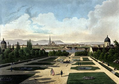 Näkymä Wienin Belvederelle, Eugene de Savoyen rakentamalle itävaltalaiselle barokkipalatsille. 1800-luvun litografia tekijältä Unknown artist