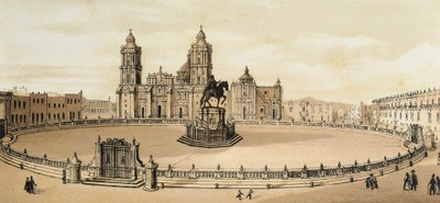 Näkymä Zocalo-aukiolle ja katedraalille Mexico Cityssä, Meksiko 1800-luvun lopun litografia tekijältä Unknown artist