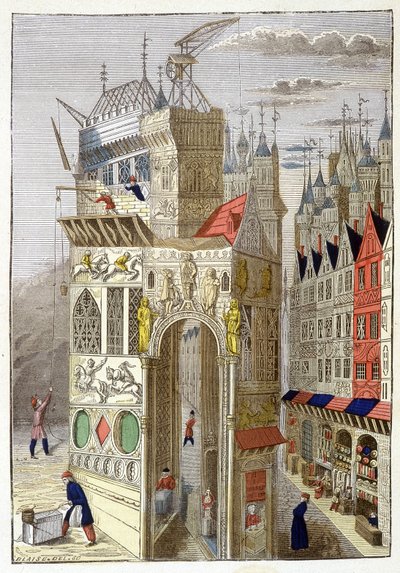 Näkymä 1400-luvun rue de Paris -kadulle, jossa on ristikkorakenteisia taloja ja rakenteilla oleva kirkko. tekijältä Unknown artist