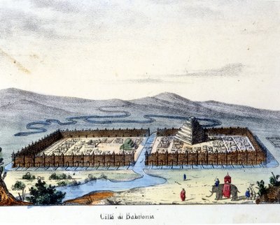 Näkymä muinaiseen Babyloniin: keskellä temppeli ja riippuvat puutarhat. Polttava sd. 1800-luvun alku. tekijältä Unknown artist