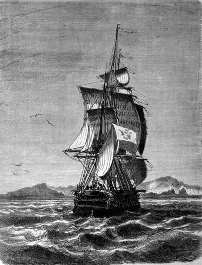 Näkymä itävaltalaisesta fregatti Novarasta St. Paulin saaren edessä Intian valtamerellä vuonna 1857. Kaiverrus 1800-luvulta tekijältä Unknown artist