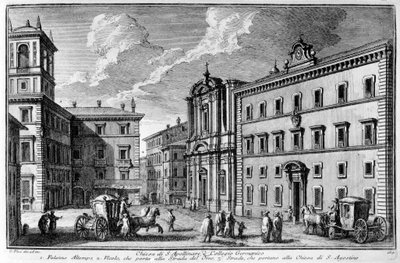 Näkymä Pyhän Apollinaren kirkolle ja germaaniseen korkeakouluun (Collegio Germanico) Roomassa 1700-luvun lopulla. tekijältä Unknown artist