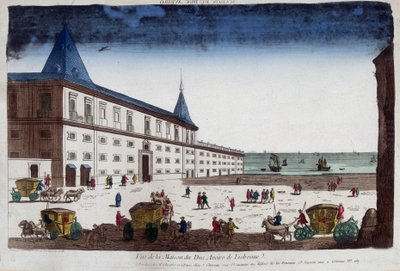 Näkymä Aveiron herttuan talosta Lissabonissa, Portugalissa. 1700-luvun kaiverrus. tekijältä Unknown artist