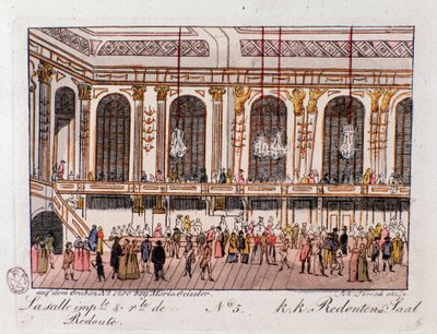 Näkymä Imperiumin ja Royal Hall of the Redoubtissa Wienissä, Itävallassa. Kaiverrus 1815 Yksityiskokoelmasta tekijältä Unknown artist