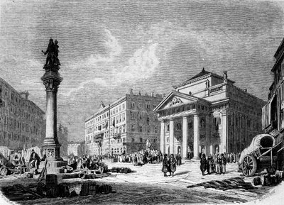 Näkymä Place de la Bourse -aukiolle Triestessä (Itävallan aikana), kaiverrus 1800-luvulta tekijältä Unknown artist