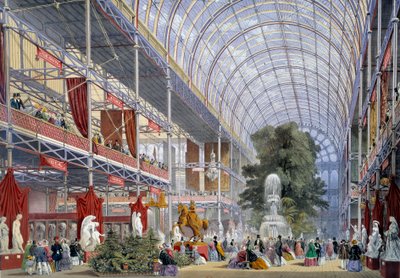 Näkymä yleisnäyttelystä Crystal Palacessa, jonka Joseph Paxton rakensi tätä tilaisuutta varten, vuonna 1851 Lontoossa tekijältä Unknown artist