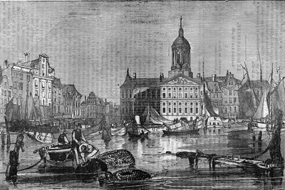 Näkymä Amsterdamin kaupunkiin ja vanhalle kaupungintalolle 1800-luvulla. tekijältä Unknown artist