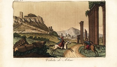 Näkymä Ateenan kaupunkiin Kreikassa, Akropolis ja Parthenon vasemmalla, pylväiden rauniot, monumentit ja Propylea edessä tekijältä Unknown artist