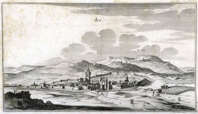 Näkymä Ayn kaupunkiin. Kaiverrus 1700-luvun lopulta. tekijältä Unknown artist