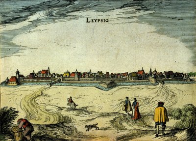 Näkymä Leipzigin kaupunkiin Saksassa. 1700-luvun kaiverrus tekijältä Unknown artist