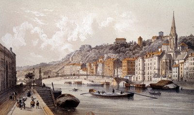 Näkymä Lyonin kaupunkiin Quai Tilsittiltä. Kaiverrus 1800-luvulta. Paris, B.N. tekijältä Unknown artist
