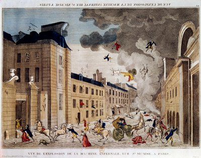 Näkymä helvetin koneen räjähdyksestä rue Saint Nicaise -kadulla Pariisissa 3. nivose IX. Helvettikoneiston salaliitto on salaliitto tappaa Napoleon Bonaparte, uusi ensimmäinen konsuli 18 Brumairen vallankaappauksen jälkeen. Sisään tekijältä Unknown artist