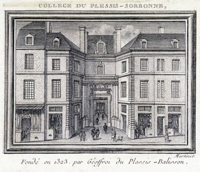 Näkymä Plessis Sorbonnen yliopiston (Pariisi) ulkojulkisivulle, jonka Geoffroy of Plessis Balisson perusti vuonna 1323 ja jota ENA käytti vuosina 1848–1849. Kaiverrus säilytetty Musee Carnavaletissa, Pariisissa. tekijältä Unknown artist