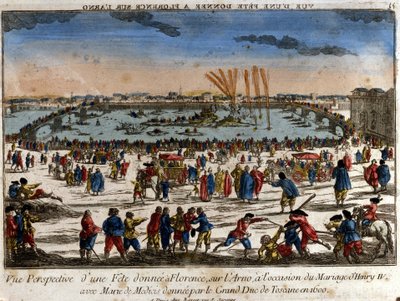 Näkymä juhlasta, jonka Toscanan suurherttua piti Firenzessä Arno-joen rannalla Henrik IV:n ja Medicin Marian häiden yhteydessä vuonna 1600. Kaiverrus. tekijältä Unknown artist