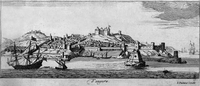 Näkymä Tangerin linnoitettuun kaupunkiin ja Marokon rannikolle. 1700-luvun kaiverrus. tekijältä Unknown artist