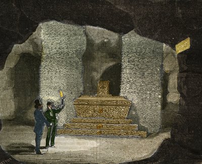 Näkymä Montsourisin katakombien ossuaarista Pariisissa. Kaiverrus vuodelta 1856 "" Le Musee Des Sciences "" tekijältä Unknown artist