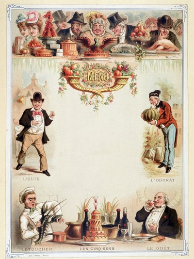 Neitsytmenu, havainnollistaa viittä aistia - kromolitografia, 1800-luvun loppu tekijältä Unknown artist