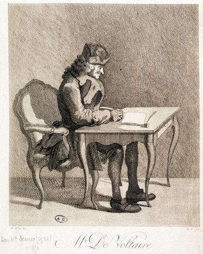 Voltaire työpöytänsä ääressä - kaiverrus tekijältä Unknown artist