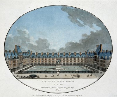 Näkymä Place Royalelle Pariisissa (Place des Vosges). n.d. 1700-luvun kaiverrus. tekijältä Unknown artist