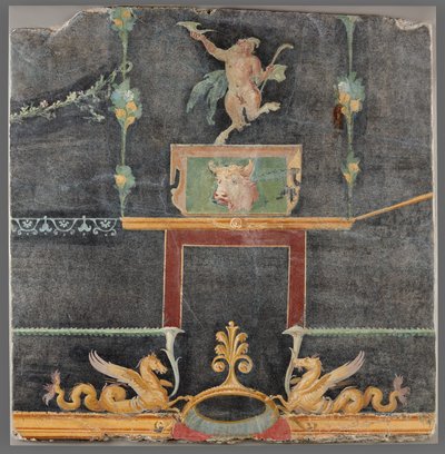 Seinäpalanen, jossa on tanssiva satiiri, Hippokamppeja ja muita koristeaiheita mustalla pohjalla. tekijältä Unknown artist