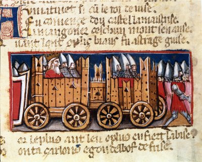 Sotakoneet, asepanssarin edeltäjä, Kaarle Suuri käytti Espanjan maureja vastaan - "Entrance of Spain", käsikirjoitus 1300-luvulta. Biblioteca Marciana, Venetsia. tekijältä Unknown artist