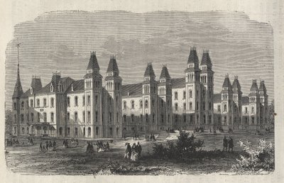 Ward Islandin siirtolaissairaala - New Yorkin osavaltio - Emigration Commission Establishment - Kaiverrus vuoden 1869 "Maailmankaikkeudessa" tekijältä Unknown artist