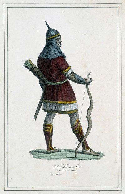 Soturi Kalmouk (Etelä-Siperian mongolialaiset) - Abbé P. Jouhanneaudin teoksessa "Maan eri kansat", Limoges, Hyvien kirjojen kirjasto tekijältä Unknown artist