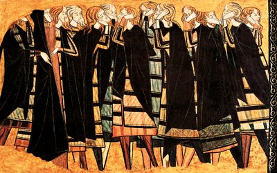 Itkevä musta viitta ritari Don Sancho Saiz de Carillon haudalla, yksityiskohta hautaa koristavasta fresosta. Detrempe puulla. 1200-luvun loppu. Museu Nacional d
