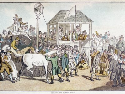Punnitus ja pesu ennen hevoskilpailua (1800-luvun loppu). tekijältä Unknown artist