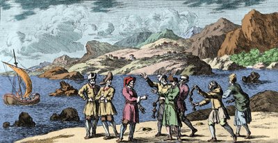 Noituus ja uskomukset: suomalainen ja saamelainen provosoimassa myrskyä kolmen solmun taikuudella. Kaiverrus Johann Zahnin (1631-1707) "Mundi Mirabilis Oeconomiasta" tekijältä Unknown artist