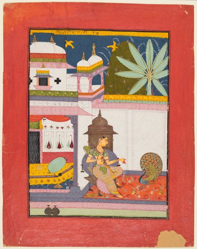 Nainen puhuttelee riikinkukkoa: Gujari Ragini Meghistä, Ragamalassa tekijältä Unknown artist