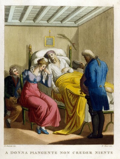 "Naisen kyyneleet, pahan lähde. Katso naisen itkemistä." 1700-luvun kaiverrus, joka kuvaa sarjaa sananlaskuja. tekijältä Unknown artist