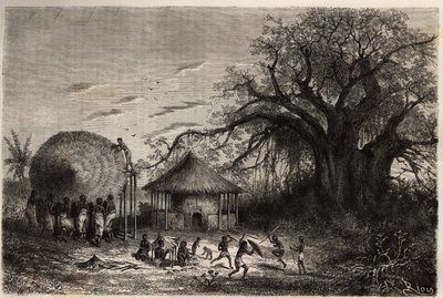 Naisia Zambezen laitamilta heiluttaen majoja ja etualalla lasten leikkejä. Kaiverrus havainnollistamaan tohtori Livingstonen ensimmäisiä matkoja Etelä-Afrikkaan vuosina 1840-1856 "Le tour du monde, nouveau journal des voyages" -julkaisussa, joka julkaistii tekijältä Unknown artist