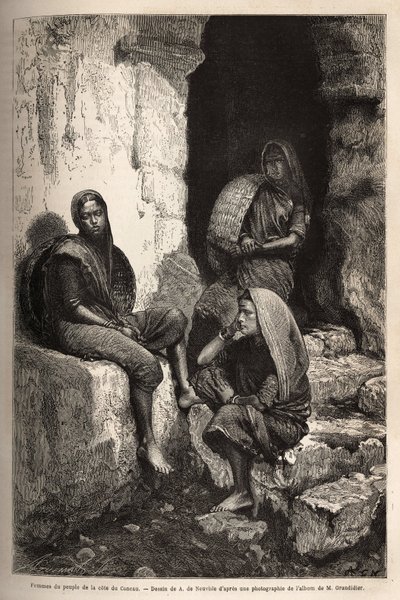 Concaun rannikon (tai Konkanin, Intian pohjoisrannikon) ihmisten naiset. Kaiverrus havainnollistamaan matkaa Intian pituuspiiriprovinsseissa, Alfred Grandidier, vuosina 1862-1864, julkaistu "" Le tour du monde""" 1869, toimittanut Edouard Charton, tekijältä Unknown artist