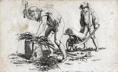 Puumiehet tekevät puunippuja ja mies kantamassa nippuja kottikärryillä. Kaiverrus 1700-luvulta. Yksityinen kokoelma. tekijältä Unknown artist
