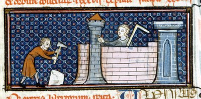 Työläiset rakentavat linnoitettua luostaria, pienoismalli 1200-luvun puolivälistä. Biblioteca Trivulziana. tekijältä Unknown artist