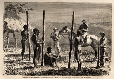 Työläiset Uusilta Hebrideiltä (tai vuodesta 1980 Vanuatun tasavallasta, Melanesian saaristosta Pohjois-Uuden-Kaledoniassa), rakentamassa taloa, jonka kirjailija tapaa hevosretken aikana. Engravure pour illustrrer le voyage à la Nouvelle Caledonie, tekijältä Unknown artist