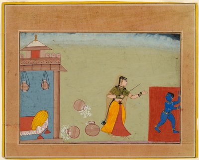 Yashoda rankaisee kasvattiaan, nuorta Krishnaa, sivu Bhagavata Puranan käsikirjoituksesta. tekijältä Unknown artist