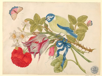 Keltainen-sininen lintu kukkakimppuun ruusujen, tulppaanien ja narsissien kanssa ja perhosia tekijältä Unknown artist
