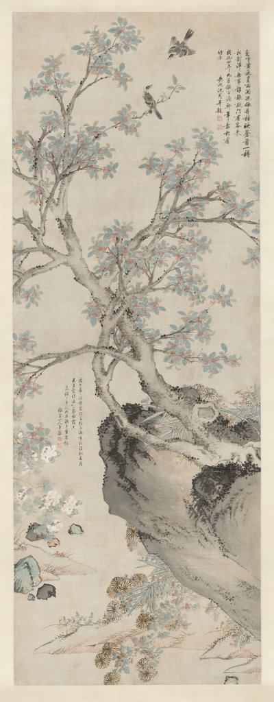 Keltaiset krysanteemit ja punainen osmanthus Wang Yuanin tyyliin tekijältä Unknown artist