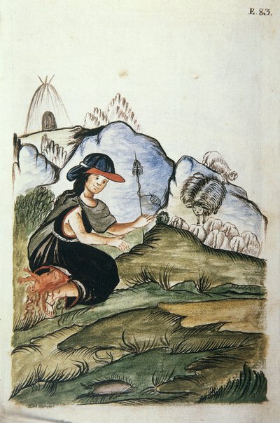 Nuori intialainen paimentar, joka synnyttää luonnossa, Trujillon piispan (1782-1785) Baltazar Martinez Compañón y Bujandan kirjasta "Trujillo del Peru" tai "Códice Martínez Compañón" tekijältä Unknown artist