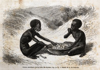 Kychi-heimon nuoret kerjäläiset (sijaitsevat Ylä-Niilin alueella) vaihtamassa ateriaa muutamaan nippuun. Kaiverrus havainnollistamaan matkaa Albert-järvelle tekijältä Unknown artist