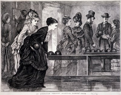 Nuoret naiset pelaamassa keilailua, Yhdysvalloissa, noin 1870 - kaiverrus tekijältä Unknown artist