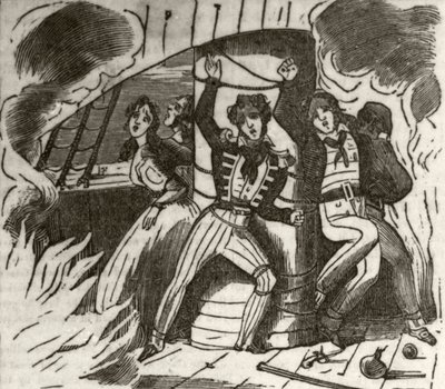 Zampa, algerilainen korsaari: "Kapteeni, nuori nainen ja osa englantilaisen aluksen miehistöä, sidottu päämastoon ja poltettu kuoliaaksi", n. 1836 tekijältä Unknown artist