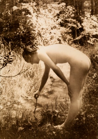 Nuori nainen alasti metsässä profiilikuvassa, kun hän kumartuu laskemaan oksaa puroon. tekijältä Unknown photographer